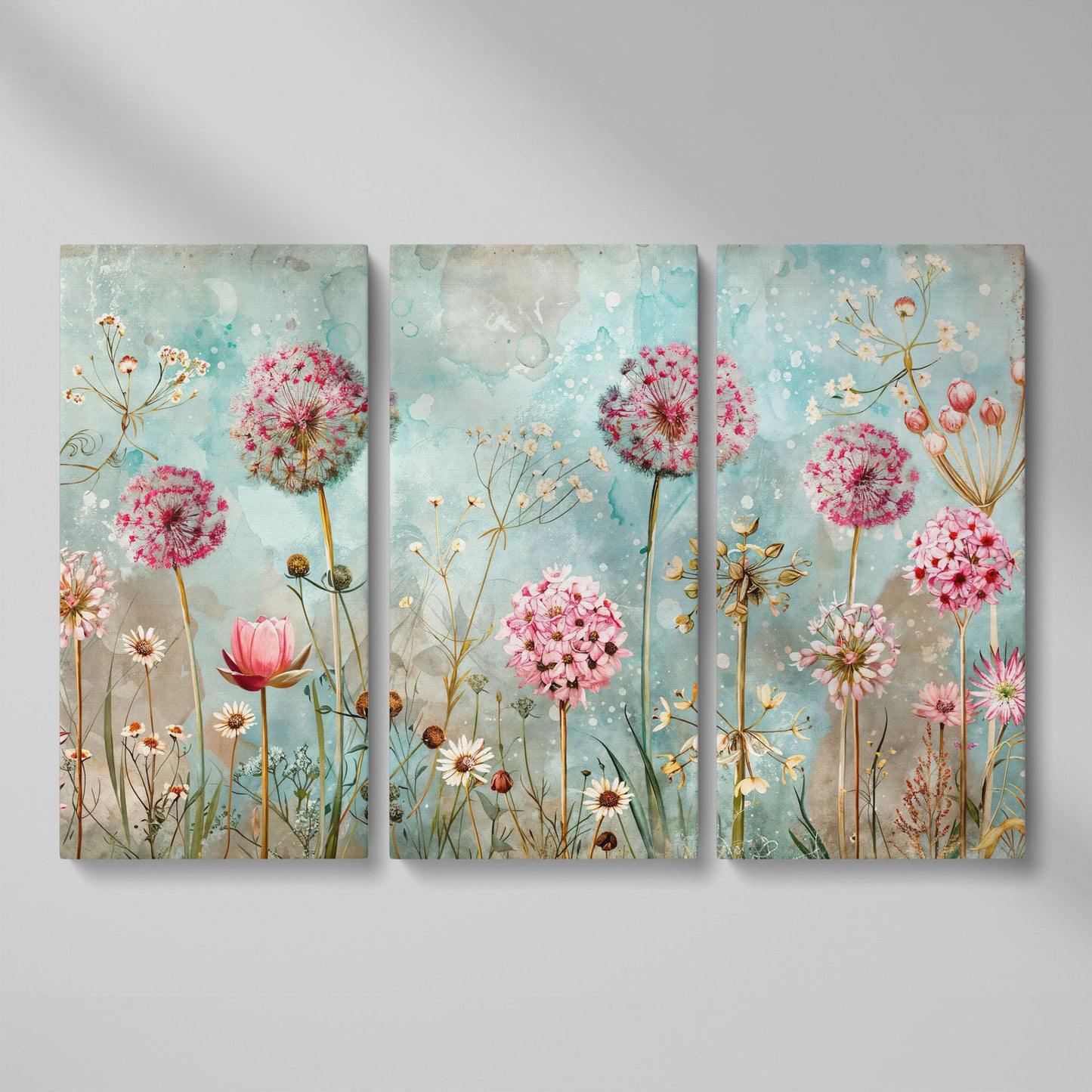 Pastel Floral Meadow with Dandelions Canvas Print as 3-panel split version