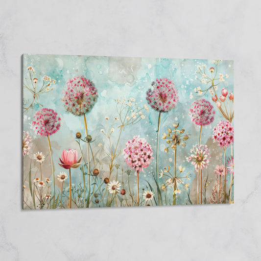 Pastel Floral Meadow with Dandelions Canvas Print on gallery wrap