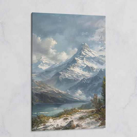 Snowy Mountain with Frozen Lake Canvas Print on gallery wrap