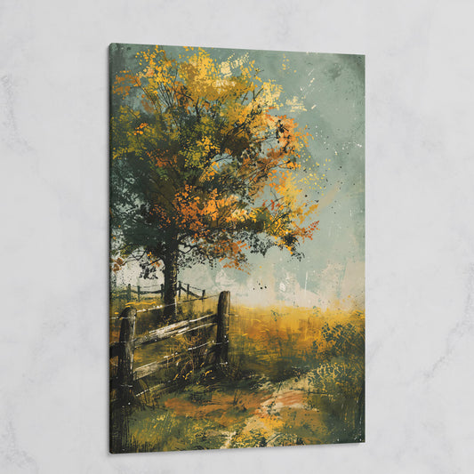 Autumn Country Tree with Wooden Fence, Rustic Landscape Canvas on gallery wrap