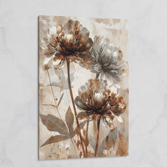 Rustic Peony Floral Canvas. Taupe & Burnt Sienna on gallery wrap