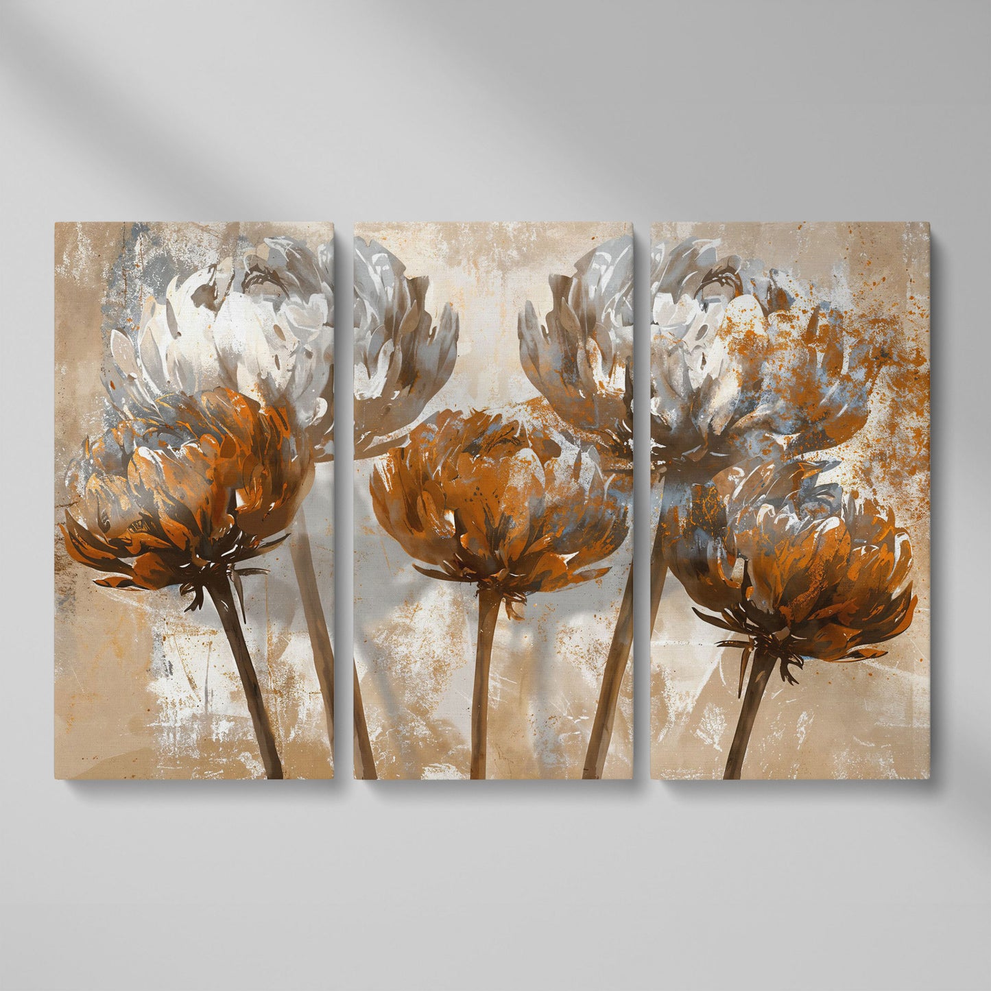 Abstract Floral Canvas Print in Brown & White as 3-panel split version