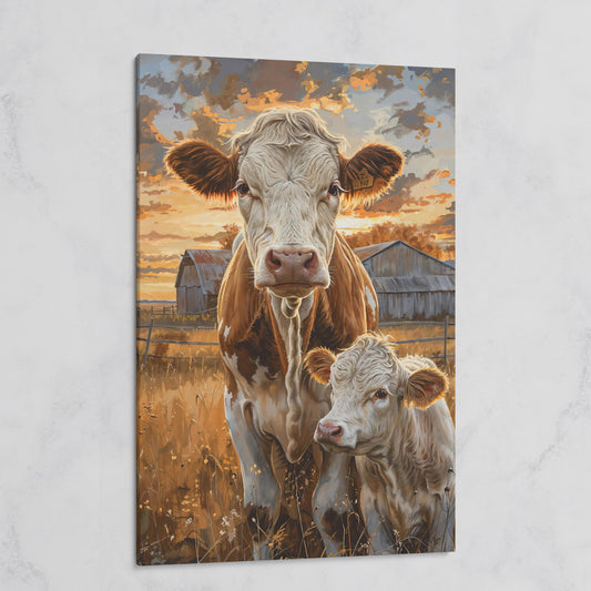 Cow and Calf at Sunset Canvas Print on gallery wrap