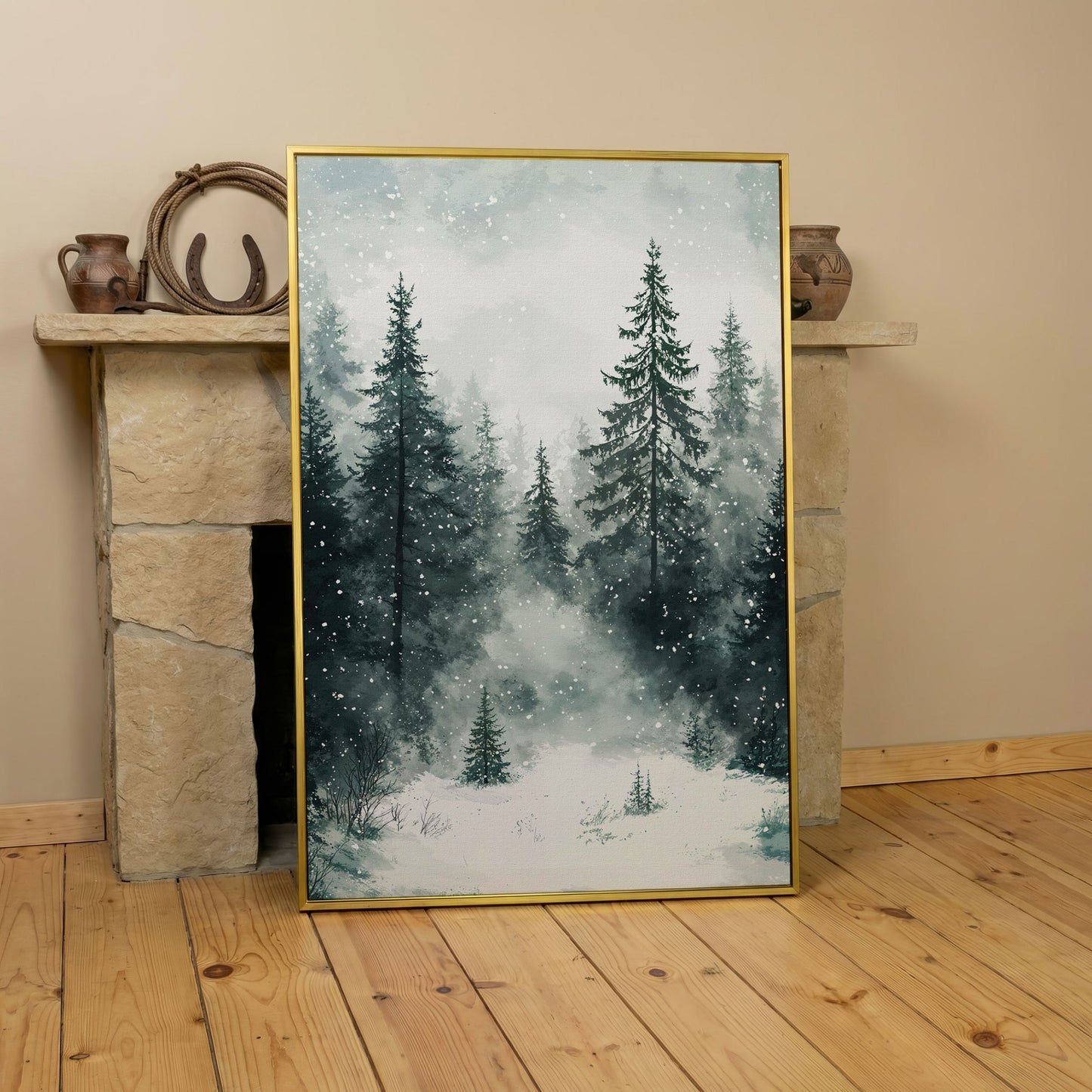 Winter Forest Canvas, Snowy Pine Landscape Portrait in yellow gold floating frame