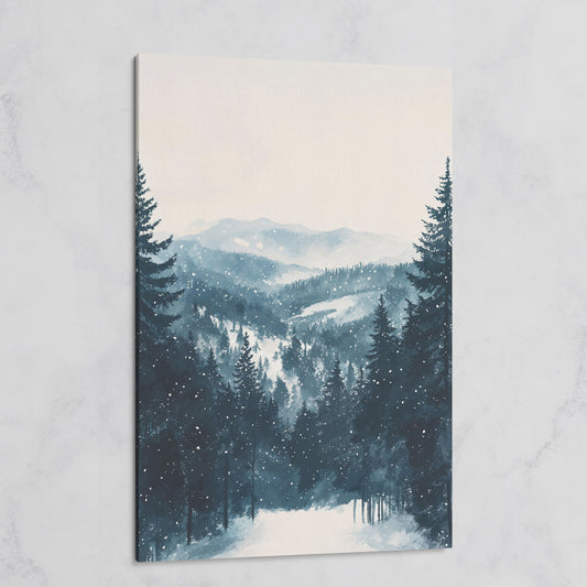 Winter Pine Forest and Mountain Snow Scene Canvas Print on gallery wrap