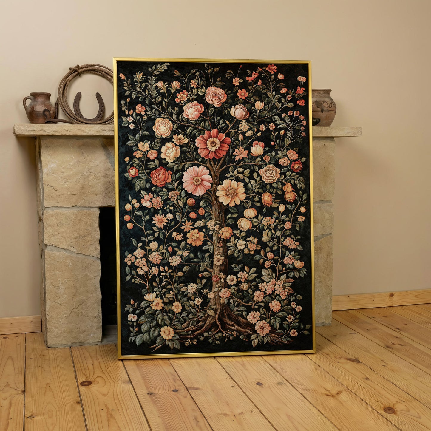Tree of Life Floral Canvas in Burnt Sienna and Olive in yellow gold floating frame