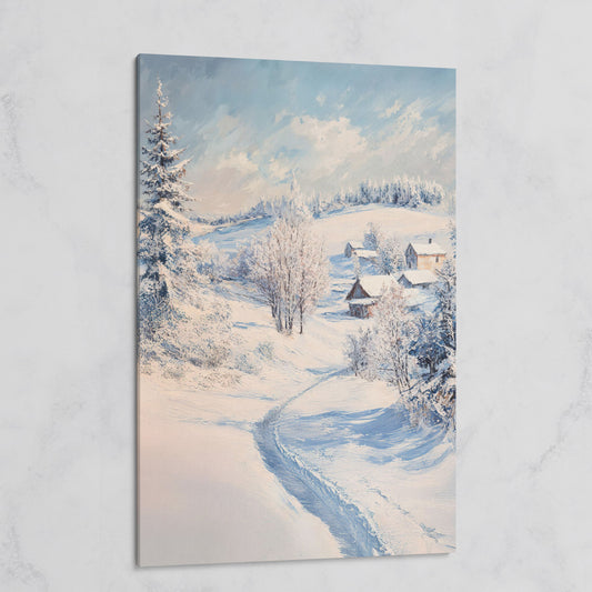 Snowy Village Path Canvas on gallery wrap