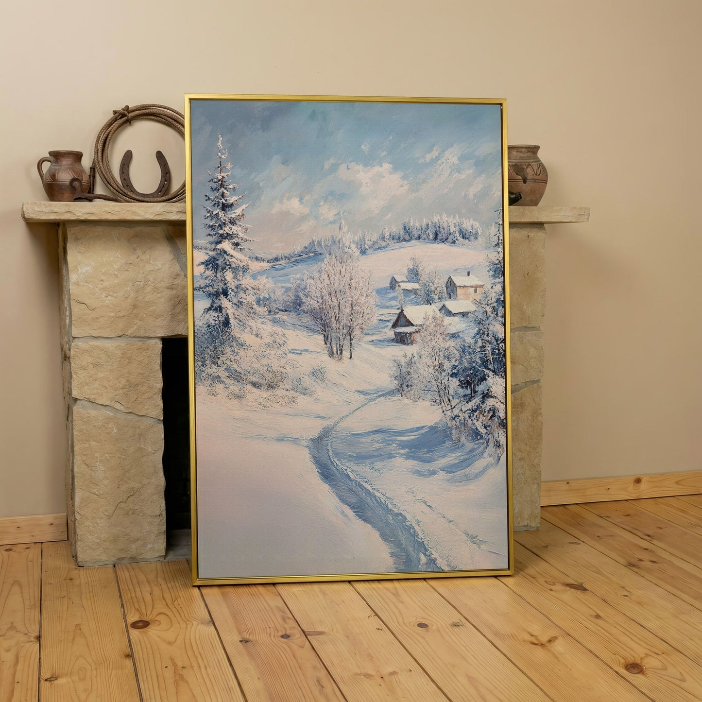 Snowy Village Path Canvas in yellow gold floating frame