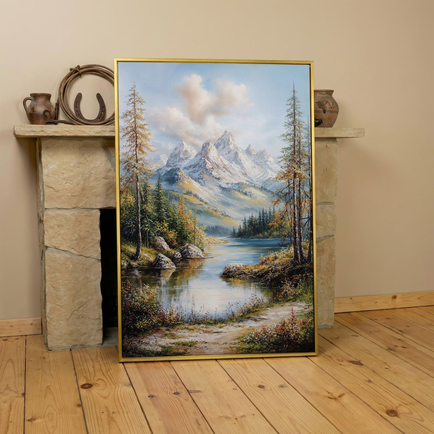 Mountain Lake Reflection Canvas in yellow gold floating frame