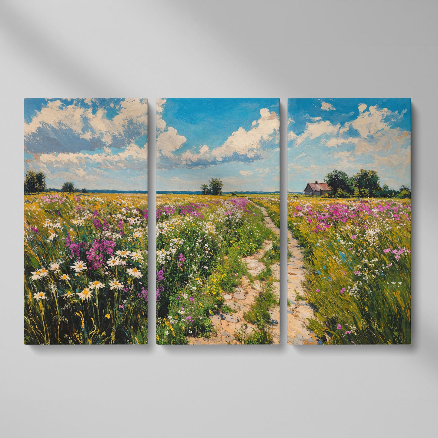 Wildflower Meadow & Farmhouse Canvas as 3-panel split version