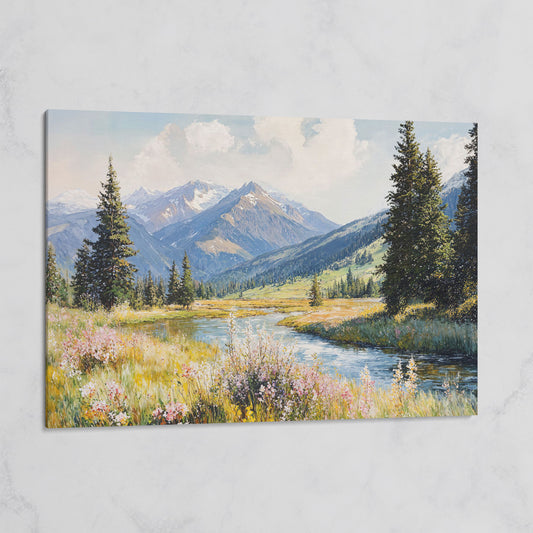 Mountain River Meadow with Wildflowers Canvas Wall Art on gallery wrap