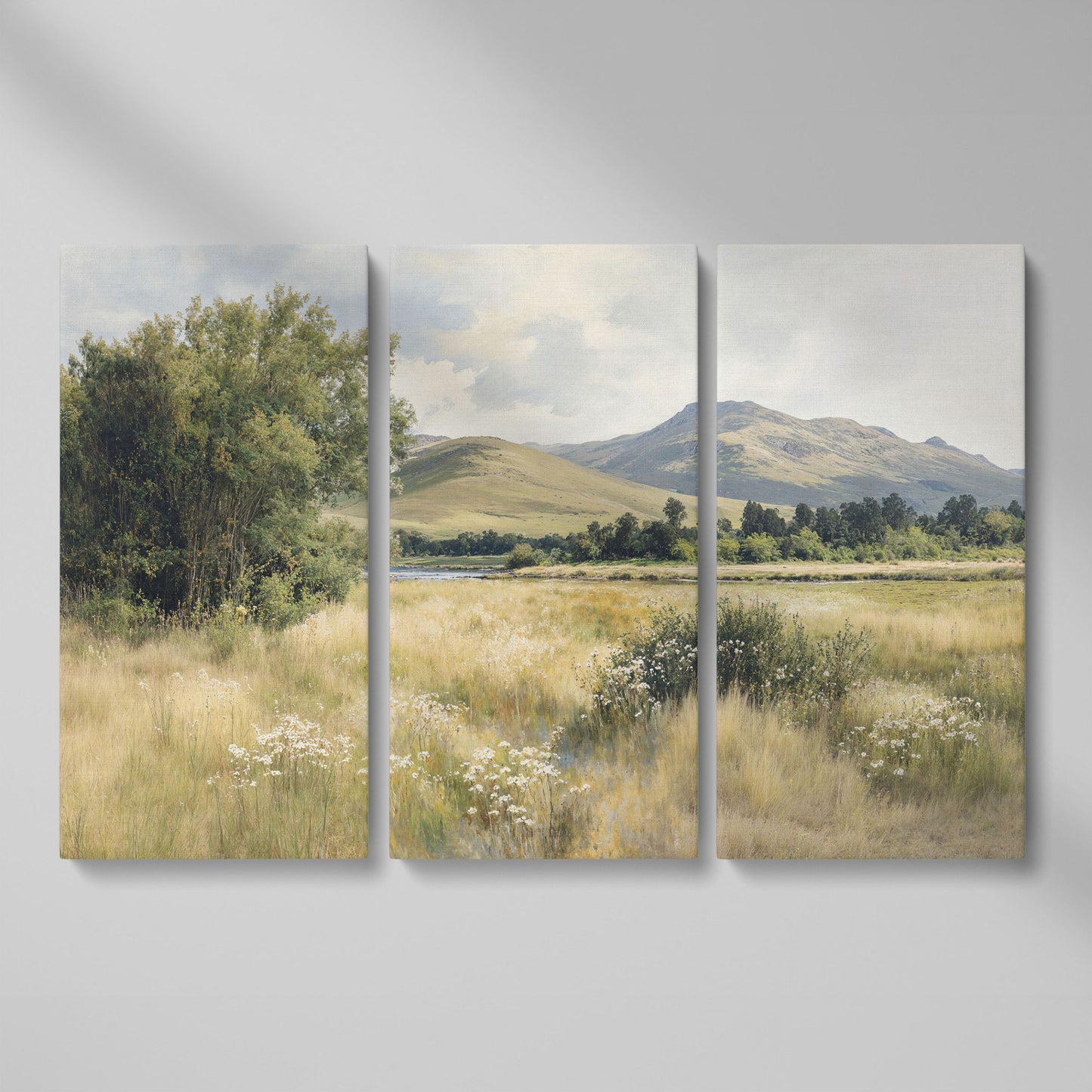 Rolling Hills and Wildflowers Canvas Wall Art, Countryside Landscape as 3-panel split version