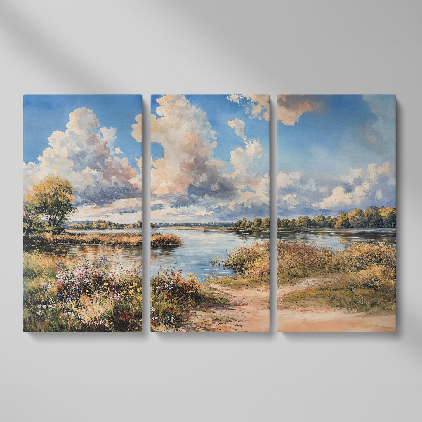 Lake Reflections with Wildflowers and Cloud-Filled Sky Canvas Art as 3-panel split version