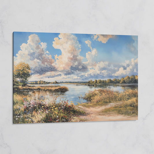 Lake Reflections with Wildflowers and Cloud-Filled Sky Canvas Art on gallery wrap
