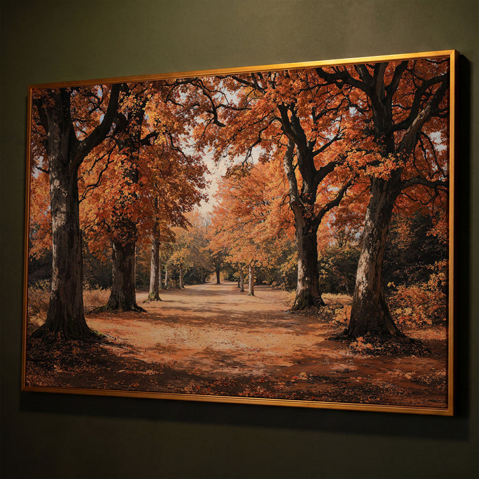 Autumn Forest Path Canvas Print shown in antique gold floating frame