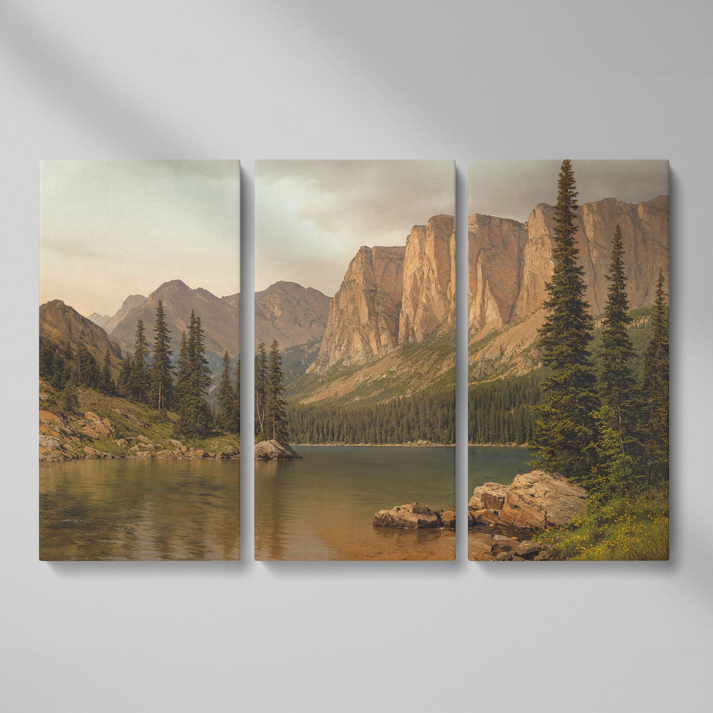 Mountain Lake with Evergreens Canvas as 3-panel split version