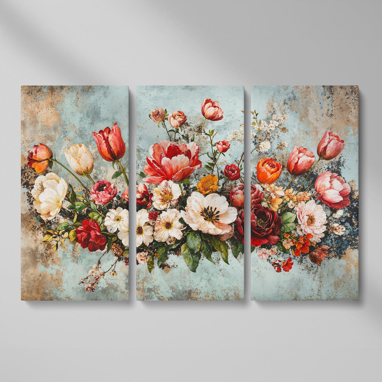 Floral Bouquet Canvas Art: Tulips, Roses and Mixed Blooms as 3-panel split version