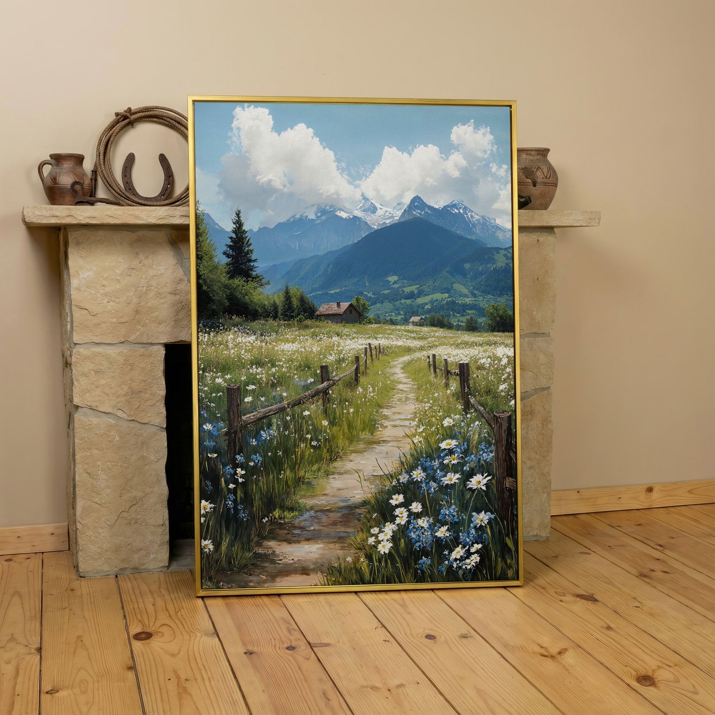 Wildflower Path and Cottage Canvas in yellow gold floating frame
