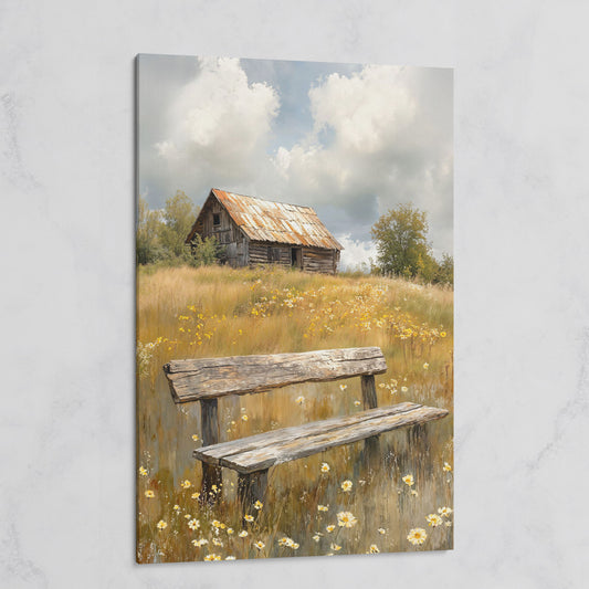 Old Barn and Wildflower Field Canvas Wall Art, Rustic Farmhouse on gallery wrap