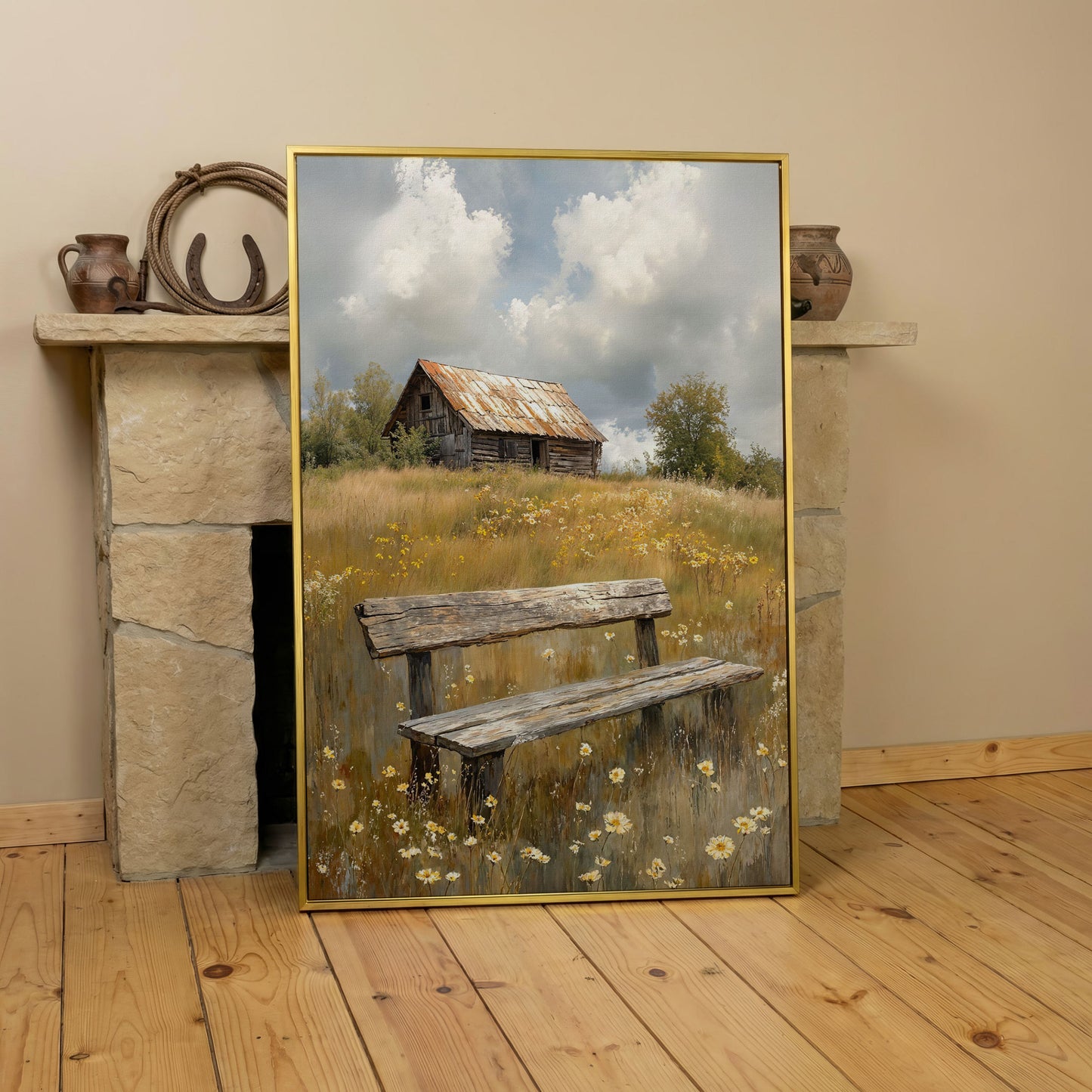 Old Barn and Wildflower Field Canvas Wall Art, Rustic Farmhouse in yellow gold floating frame