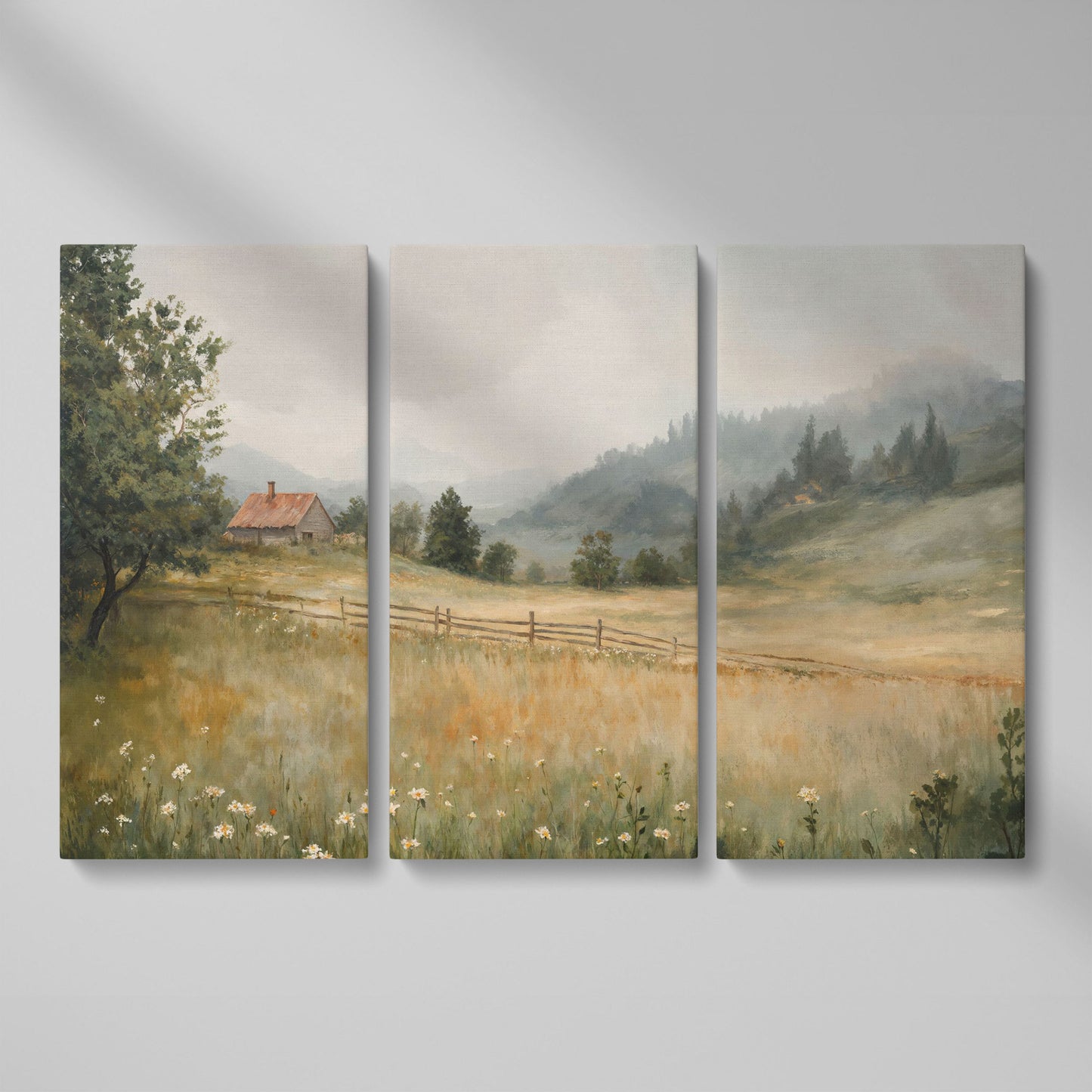 Rustic Countryside Cabin Canvas with Wildflowers as 3-panel split version