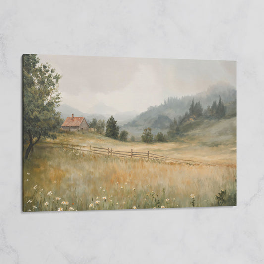Rustic Countryside Cabin Canvas with Wildflowers on gallery wrap