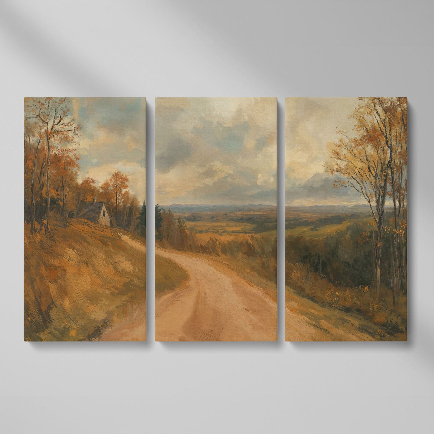 Autumn Valley Road Canvas with Rustic Farmhouse as 3-panel split version