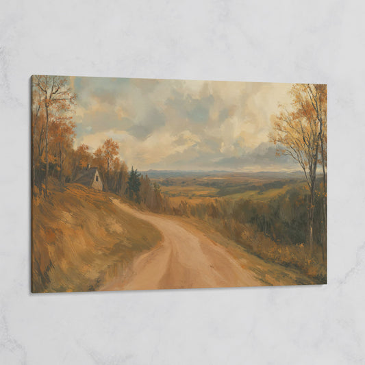 Autumn Valley Road Canvas with Rustic Farmhouse on gallery wrap