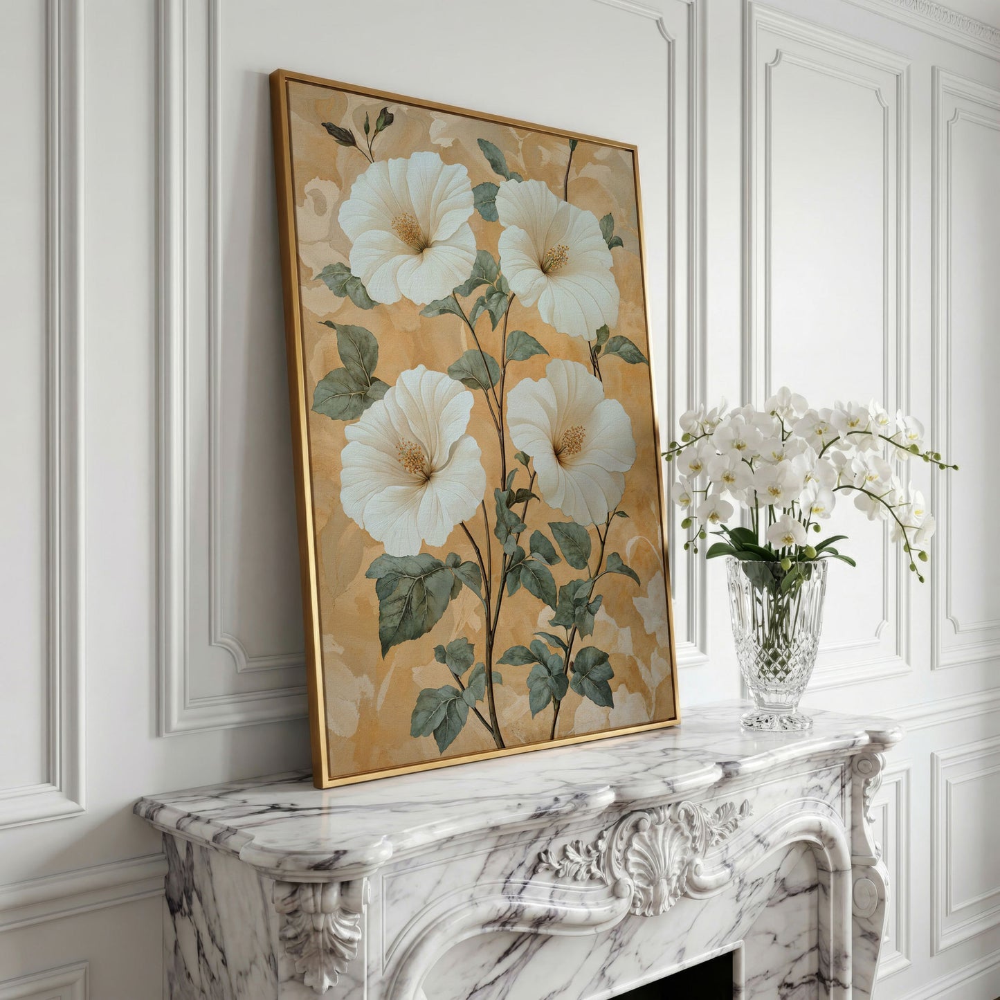 Vintage Hibiscus Botanical Canvas in Cream and Sage in yellow gold floating frame