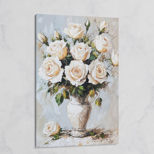 White Roses Bouquet Canvas Print, Vintage Floral on gallery wrap