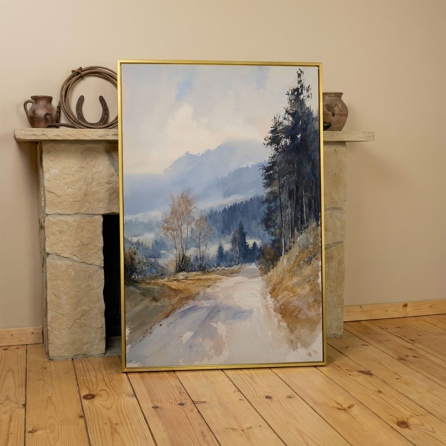 Country Road into Mist and Mountains Canvas in yellow gold floating frame