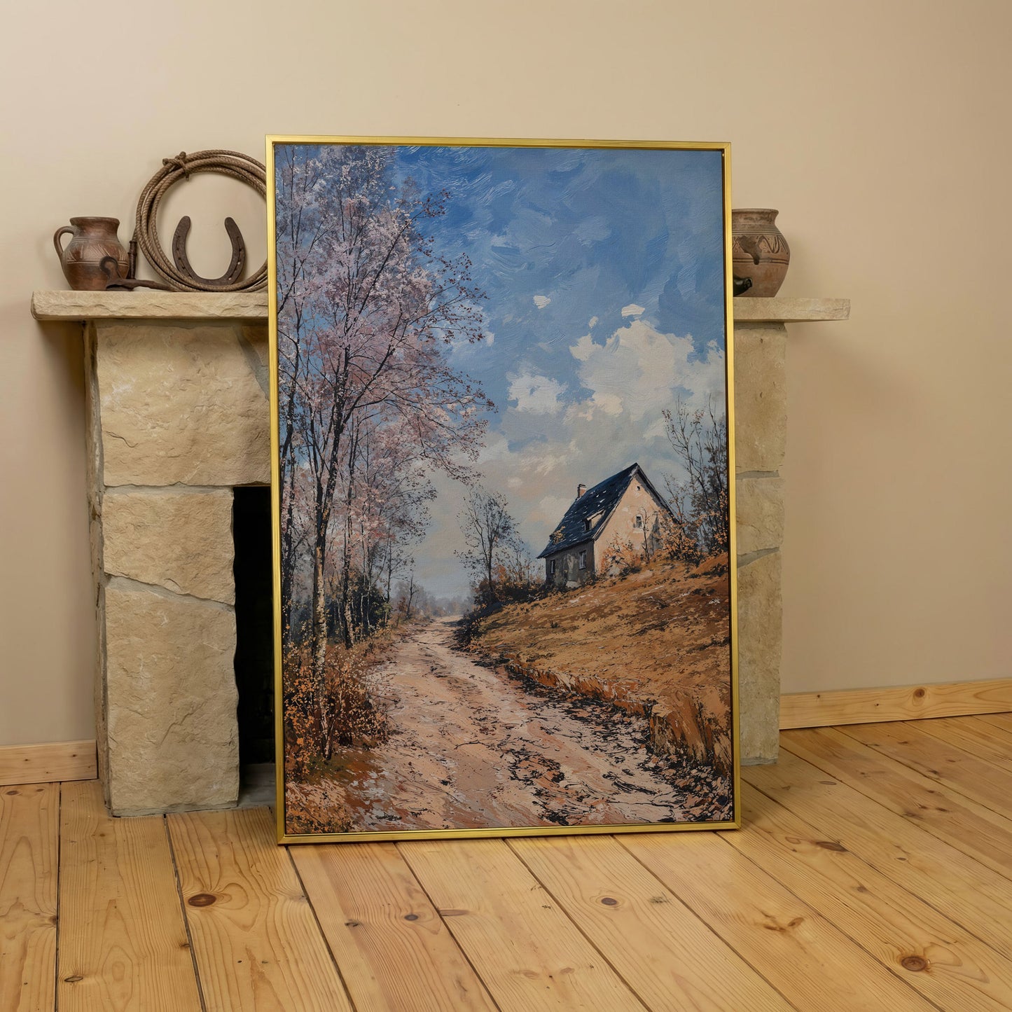Country Road to Autumn Cottage Canvas in yellow gold floating frame