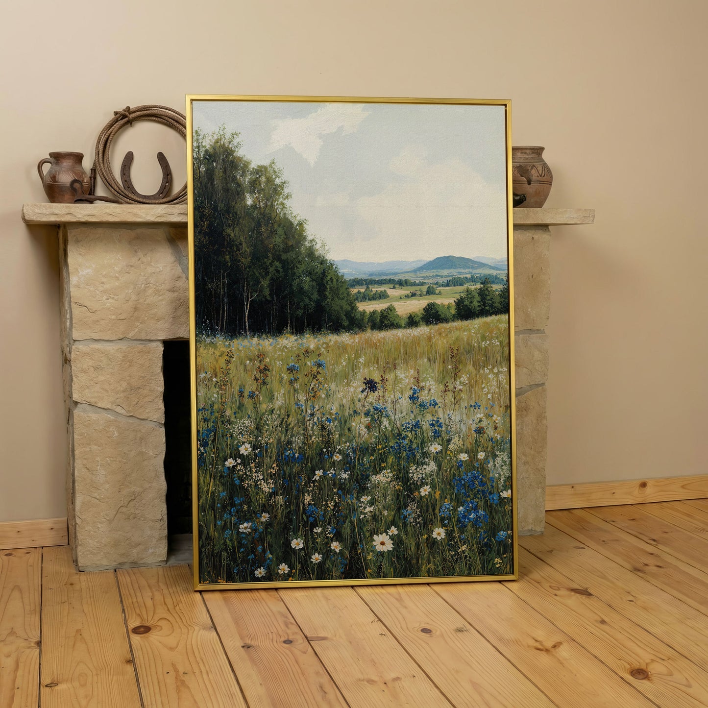 Summer Countryside Meadow Canvas in yellow gold floating frame