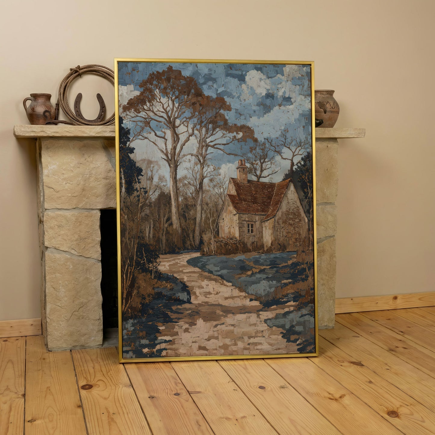 Country Cottage Woodland Path Canvas in yellow gold floating frame