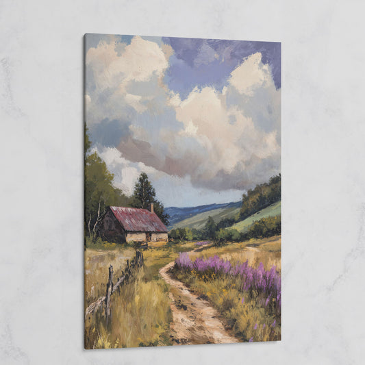 Peaceful Countryside Landscape with Purple Wildflowers on gallery wrap canvas