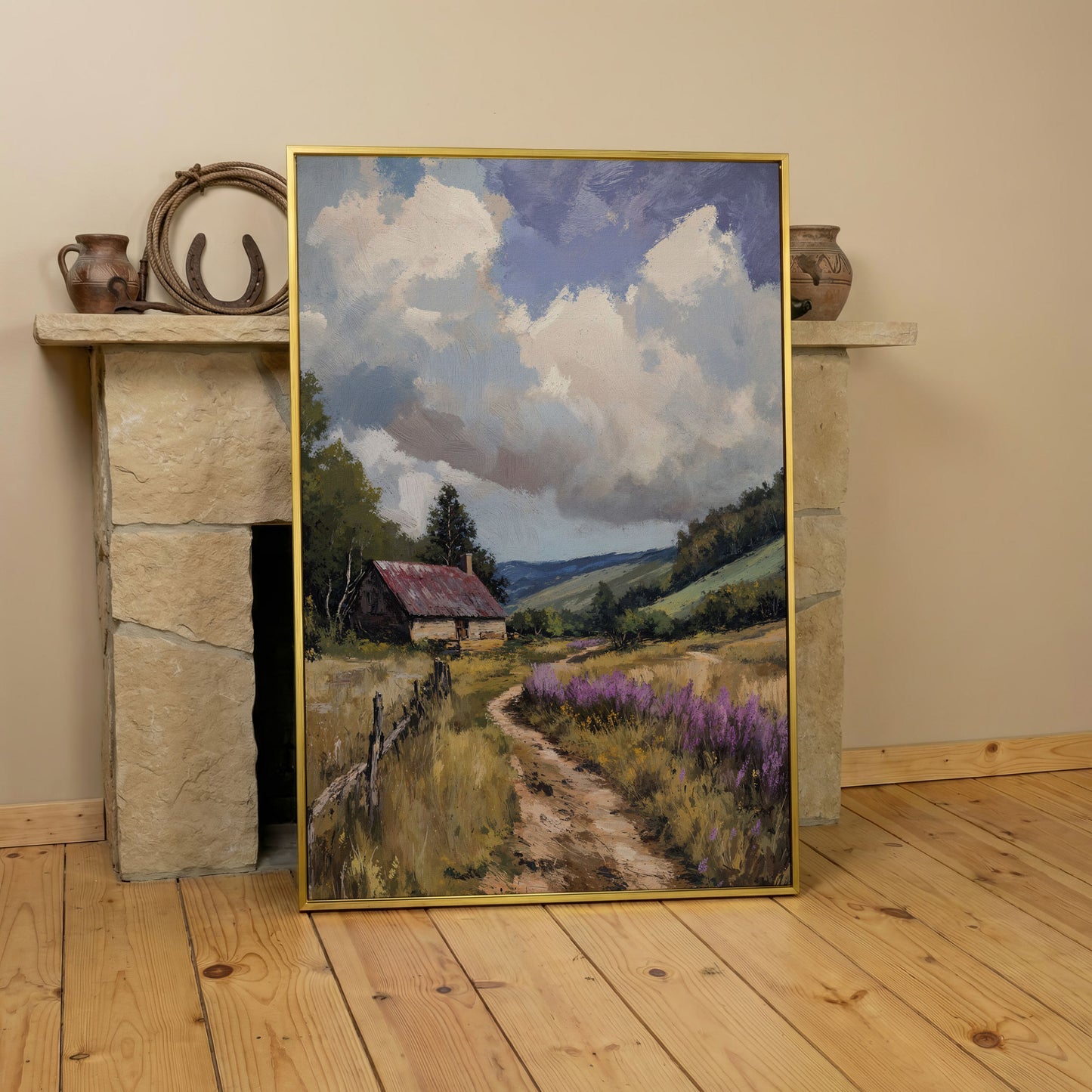 Peaceful Countryside Landscape with Purple Wildflowers canvas in yellow gold floating frame