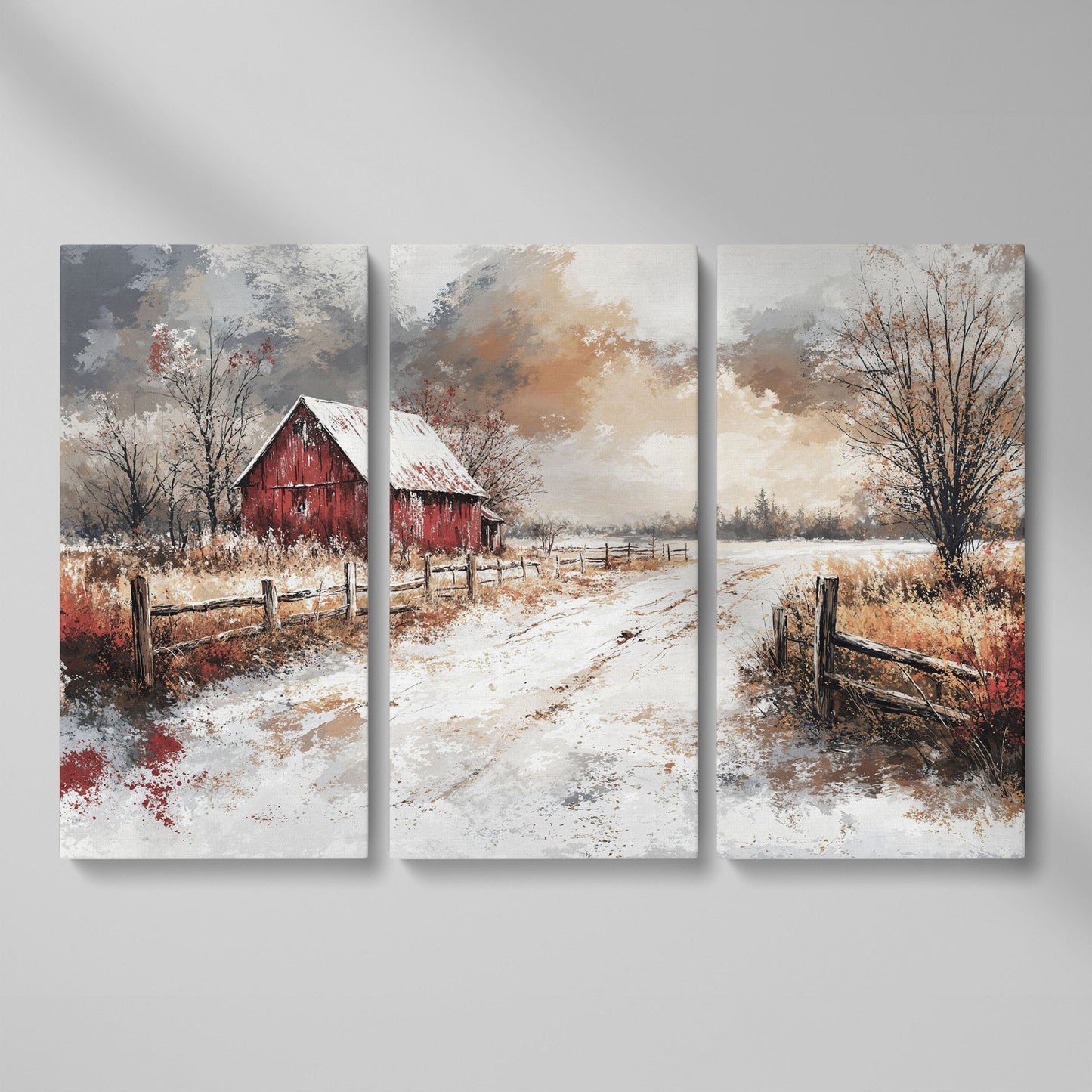 Red Barn in Snow, Rustic Winter Landscape Canvas Art as 3-panel split version