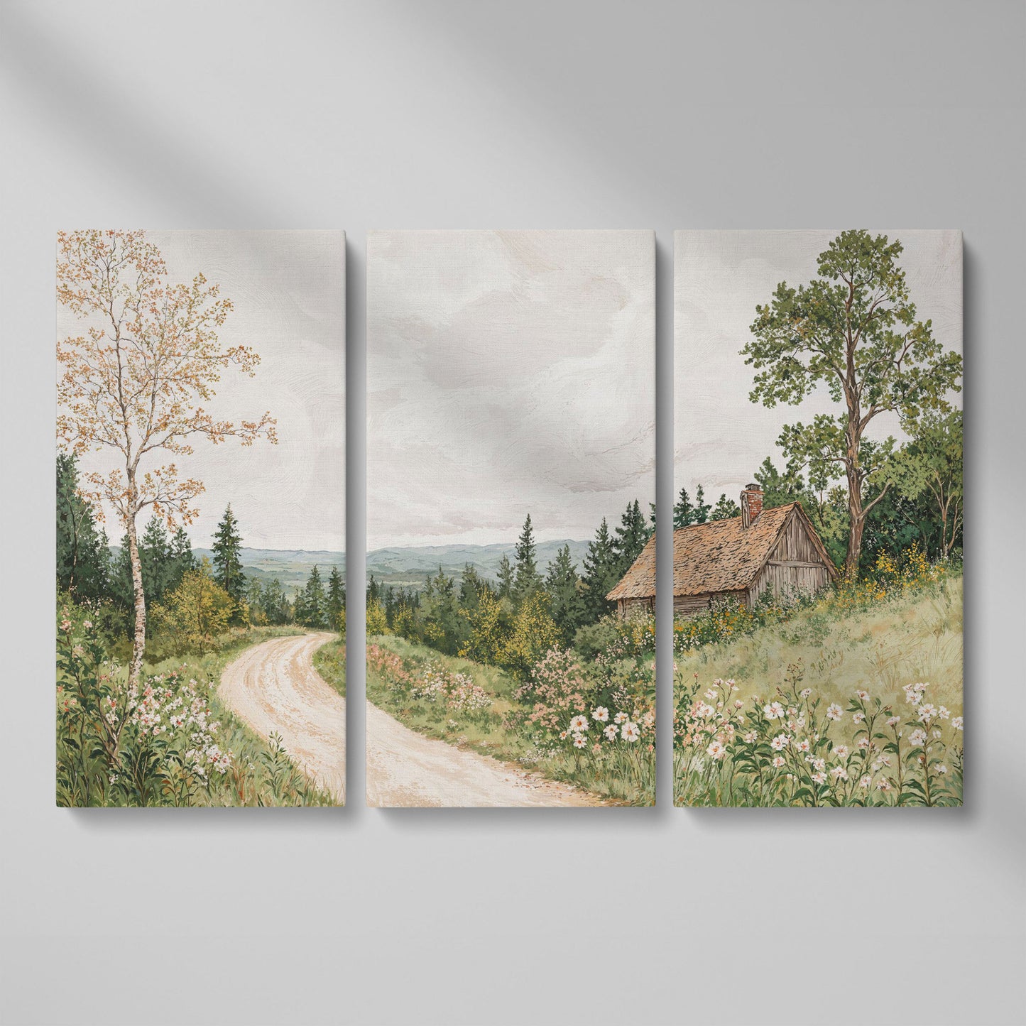 Sage Cottage with Wildflowers Canvas Print as 3-panel split version