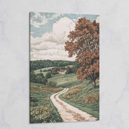 Autumn Country Road with White Cottage Canvas Wall Art on gallery wrap