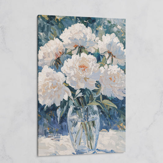 White Peonies in Glass Vase Canvas Wall Art, Pastel Bouquet Print on gallery wrap