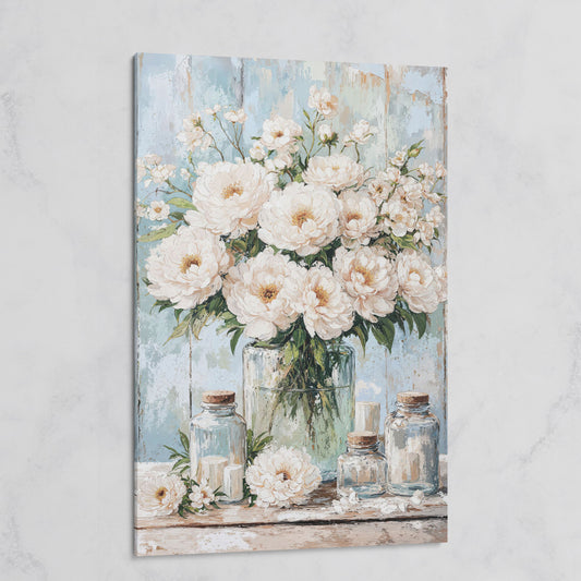 White Peonies in a Glass Vase, Rustic Farmhouse Canvas Art on gallery wrap