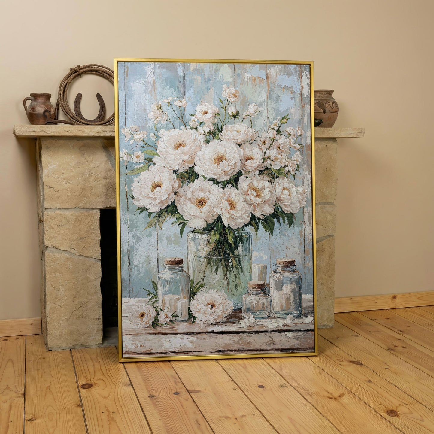 White Peonies in a Glass Vase, Rustic Farmhouse Canvas Art in yellow gold floating frame