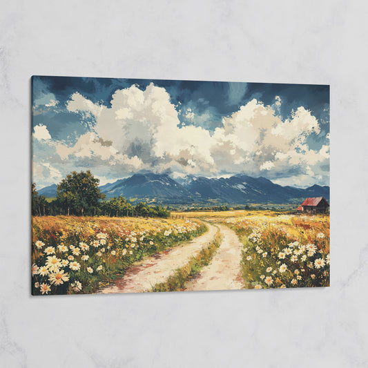 Country Road Through Wildflowers with Barn and Mountain View on gallery wrap canvas