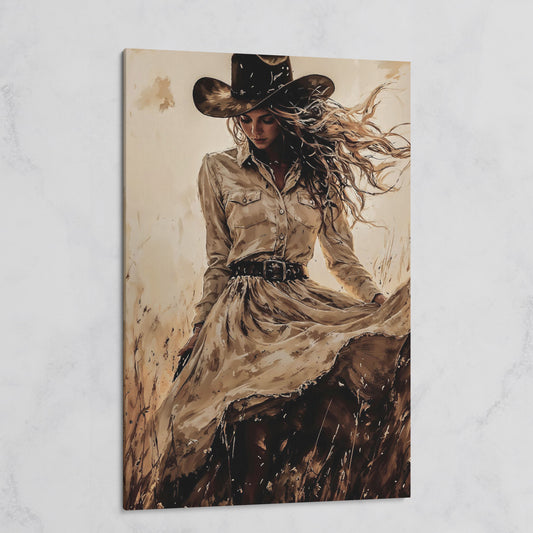 Cowgirl in a Field Canvas Wall Art. Western Portrait on gallery wrap