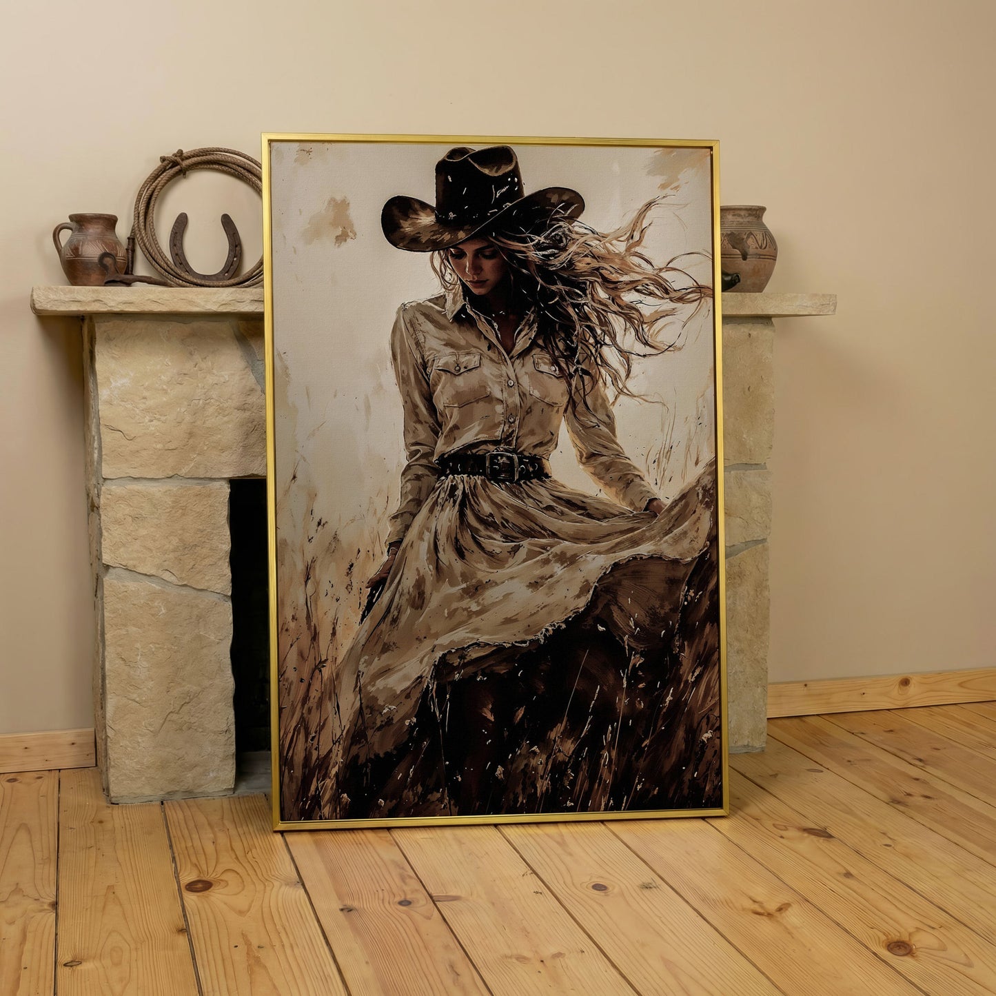Cowgirl in a Field Canvas Wall Art. Western Portrait in yellow gold floating frame