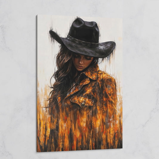 Abstract Cowgirl Portrait Canvas Wall Art with Cowboy Hat on gallery wrap