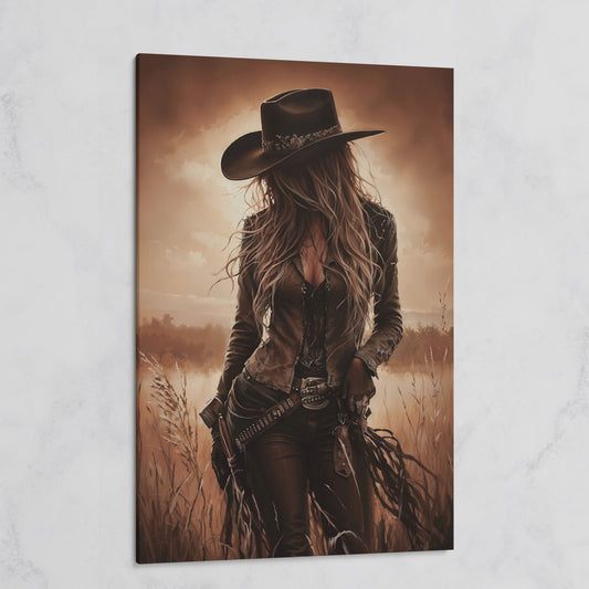 Cowgirl in the Field Canvas Wall Art, Western Portrait on gallery wrap