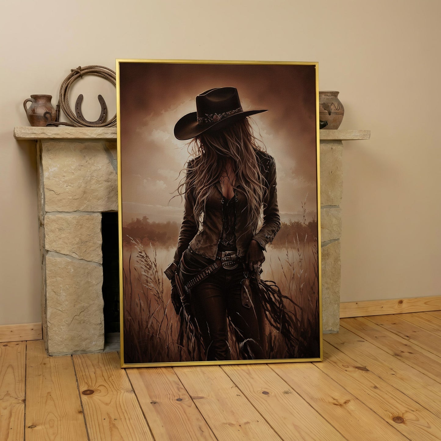 Cowgirl in the Field Canvas Wall Art, Western Portrait in yellow gold floating frame