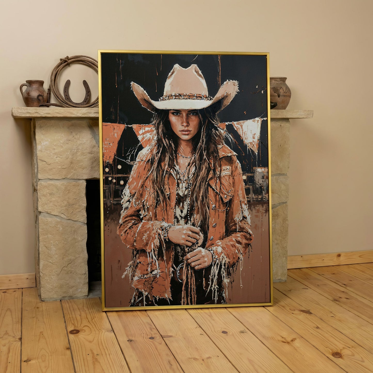 Rodeo Cowgirl Portrait Canvas Wall Art, Western Decor in yellow gold floating frame