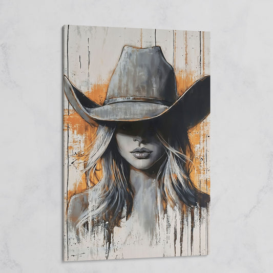 Abstract Cowgirl Portrait Canvas Wall Art, Western Hat Figure on gallery wrap